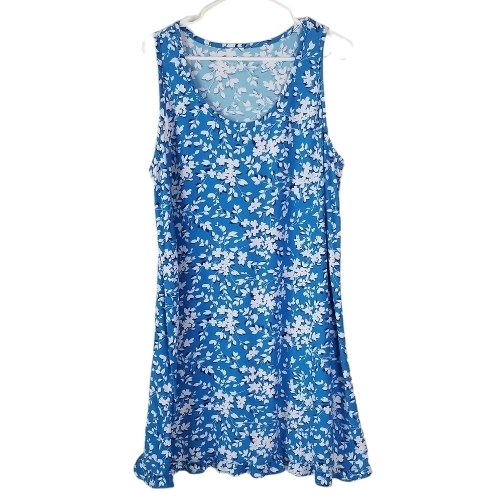 Draper James Blue Floral Print Jersey Knit Stretch Shift Dress Ruffle Hem L/XL
